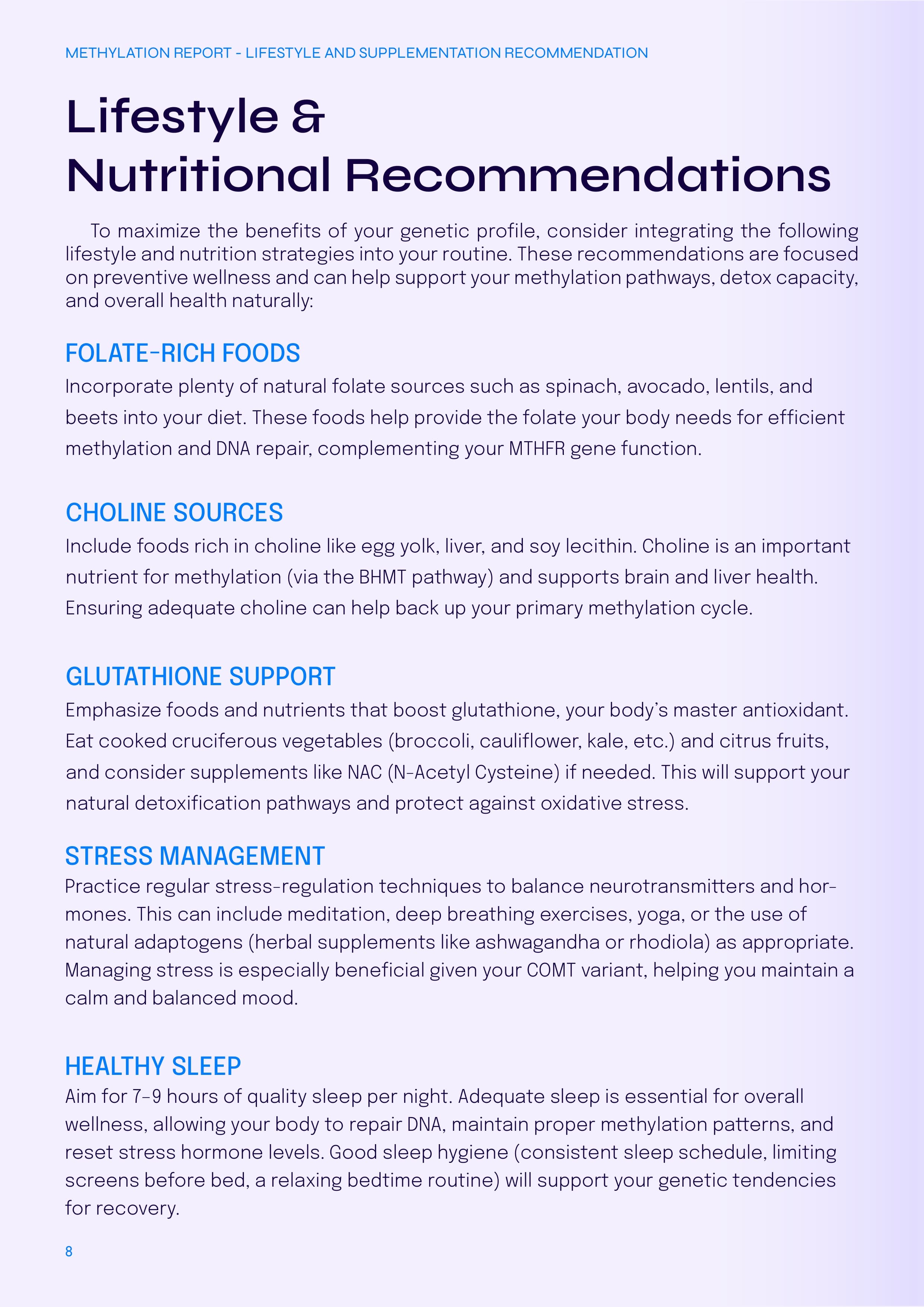 Sample lifestyle recommendations page from a Curehub report